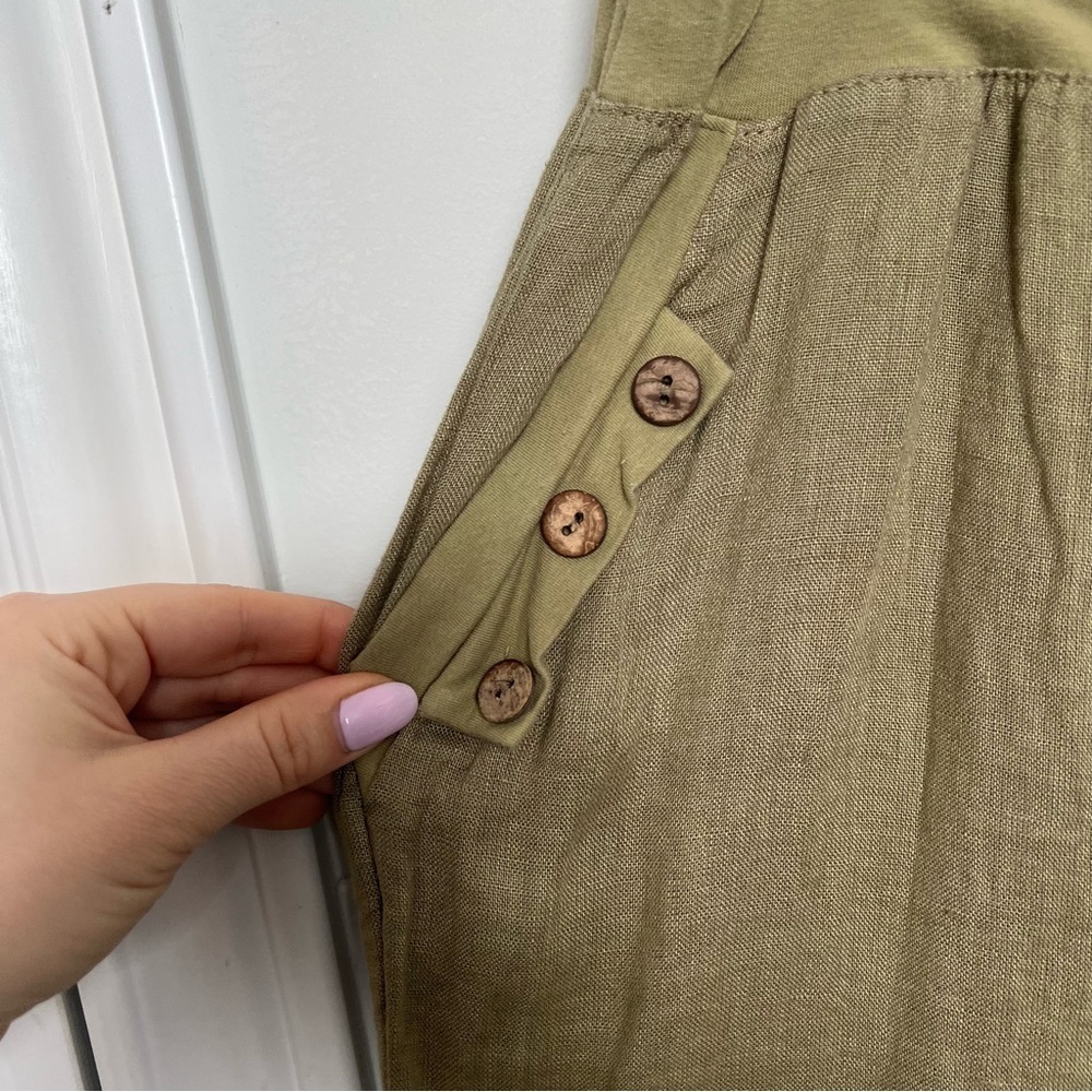 Olive Green 100% Linen Wide Leg Pants 1X High Waist Lightweight Summer Trousers - Picture 7 of 9